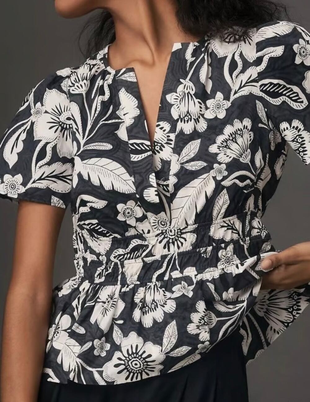Anthropologie Somerset Black White All Over Print Floral Blouse XS